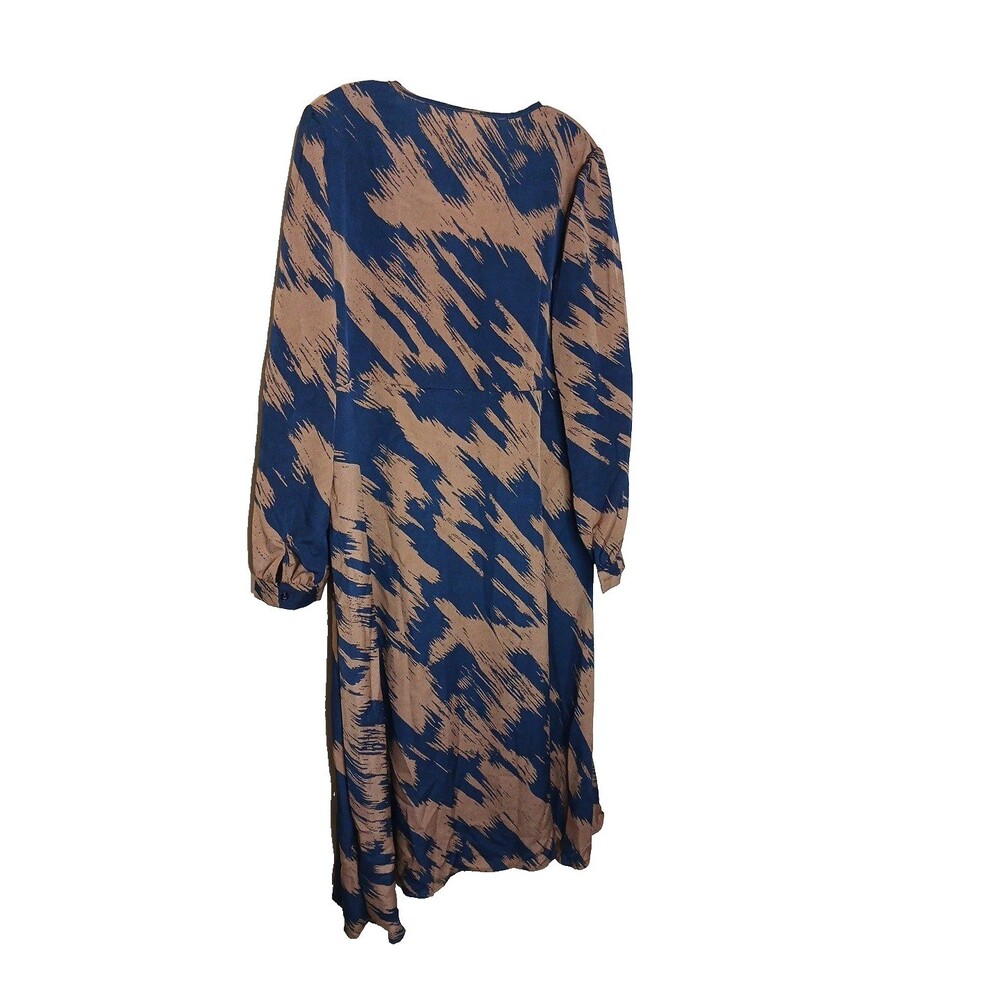 Women's Flowy Faux Wrap Dress V-Neck Long Sleeve Size XL Blue/Brown - Picture 3 of 9